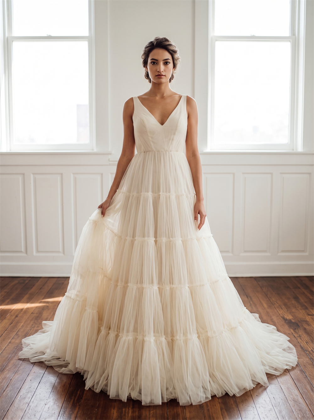 V Neck Sleeveless Tiered Ruffle Tulle A Line Wedding Dress Lace Up Low Back Soft Boho Bridal Gown