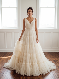 V Neck Sleeveless Tiered Ruffle Tulle A Line Wedding Dress Lace Up Low Back Soft Boho Bridal Gown