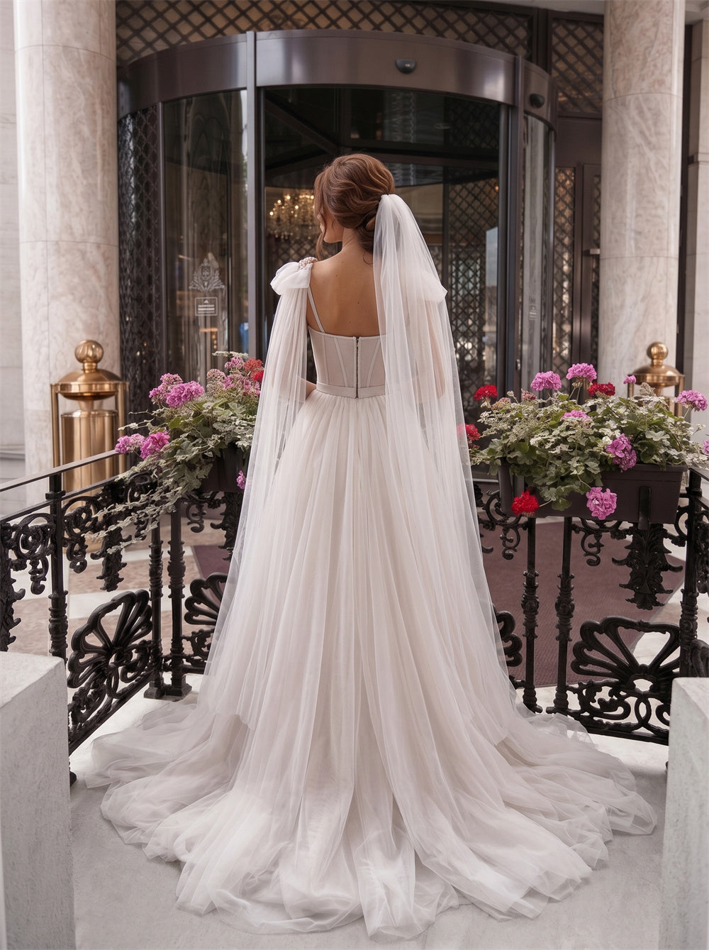 Spaghetti Strap Beaded Corset Detachable Tulle Cape Zipper Back Tulle A Line Wedding Dress Bridal Dress