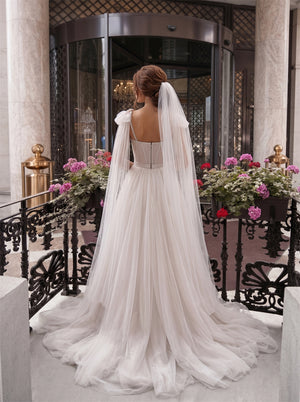 Spaghetti Strap Beaded Corset Detachable Tulle Cape Zipper Back Tulle A Line Wedding Dress Bridal Dress