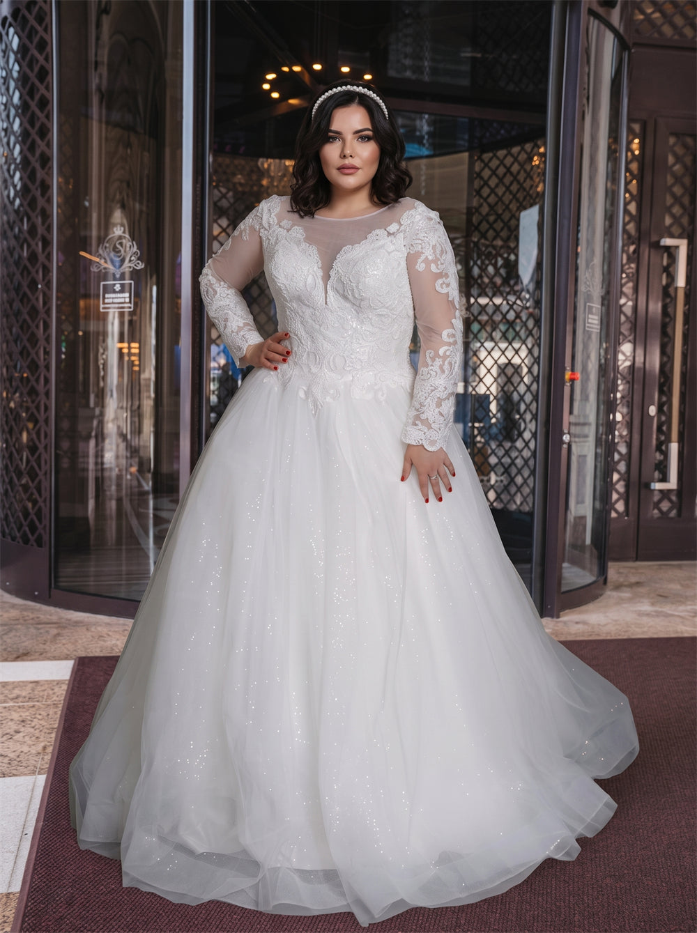 Plus Size Long Sleeve Lace Tulle Wedding Dress Illusion Neck Corset Back Sparkle A Line Modest Bridal Gown