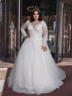 Plus Size Long Sleeve Lace Tulle Wedding Dress Illusion Neck Corset Back Sparkle A Line Modest Bridal Gown