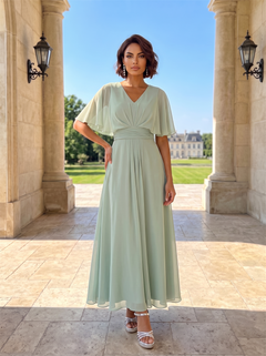Short Flutter Cape Sleeve V Neck Chiffon Bridesmaid Dress Ruched Waist Open Back Thin Tie String Sage Green Formal Wedding Guest Evening Gown