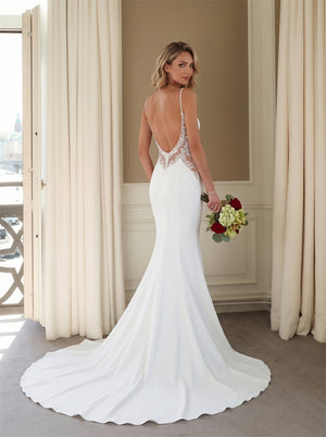 Wedding Dress Thin Spaghetti Strap V Neck Floral Lace Panel Low V Illusion Back Smooth Stretch Crepe Mermaid Bridal Gown