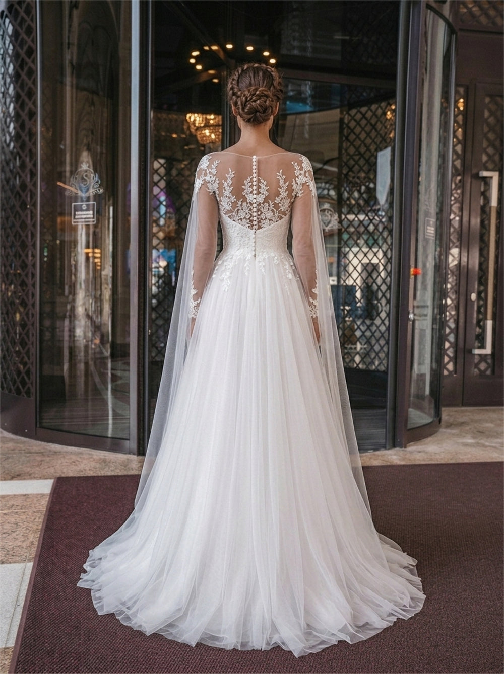 Illusion Neck Long Lace Sleeve Button Tulle A Line Wedding Dress Bridal Dress