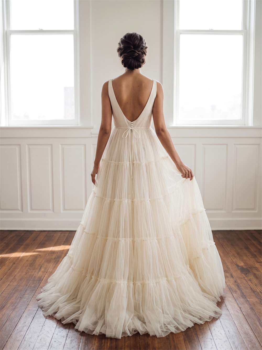 V Neck Sleeveless Tiered Ruffle Tulle A Line Wedding Dress Lace Up Low Back Soft Boho Bridal Gown