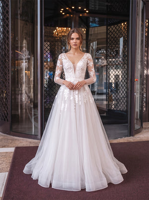 V Neck Long Sleeve Floral Lace Cutout Back Zipper Tulle A Line Wedding Dress Bridal Dress