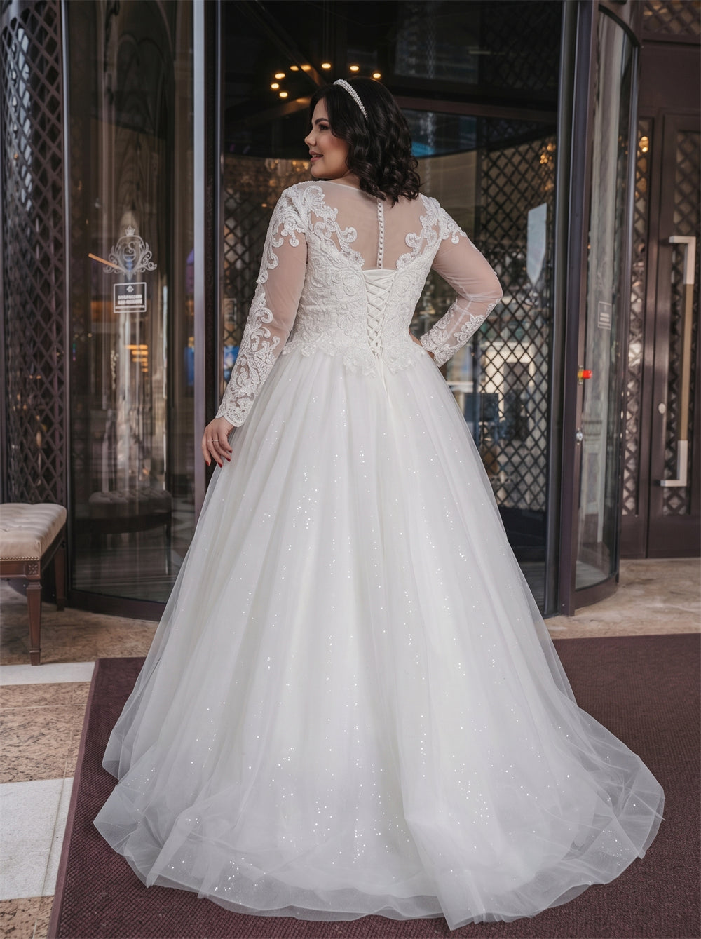 Plus Size Long Sleeve Lace Tulle Wedding Dress Illusion Neck Corset Back Sparkle A Line Modest Bridal Gown