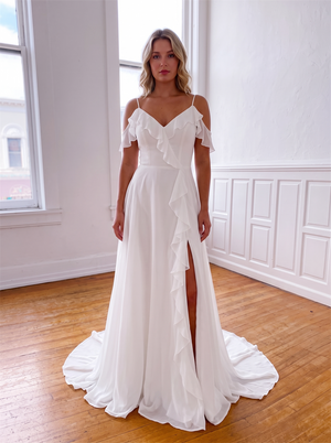 Spaghetti Strap Ruffle Chiffon Wedding Dress Off Shoulder V Neck High Side Slit Low V Back A Line Bridal Gown