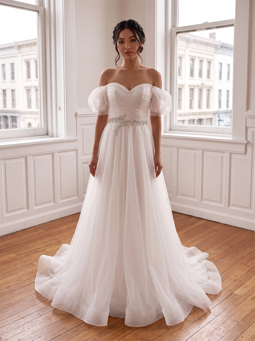 Off The Shoulder Puff Short Sleeve Tulle A Line Wedding Dress Detachable Crystal Leaf Beaded Waist Sash Low V BackBridal Gown