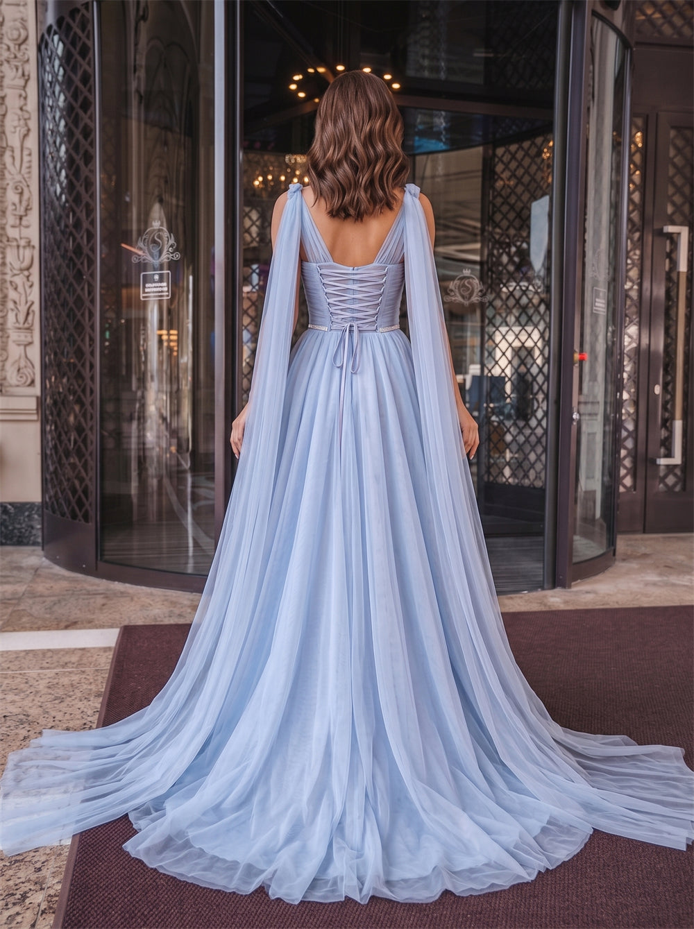 Wings Strap Ruched Light Blue Tulle High Slit A Line Long Train Prom Evening Dress