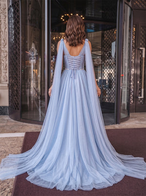 Wings Strap Ruched Light Blue Tulle High Slit A Line Long Train Prom Evening Dress