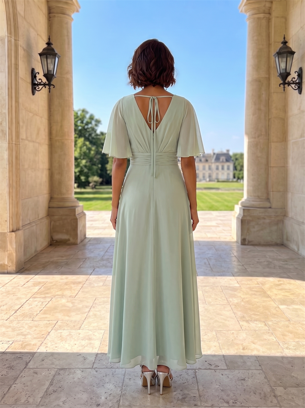 Short Flutter Cape Sleeve V Neck Chiffon Bridesmaid Dress Ruched Waist Open Back Thin Tie String Sage Green Formal Wedding Guest Evening Gown