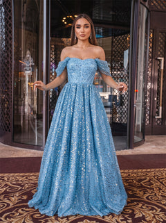 Off-The-Shoulder Sky Blue Full Sequin Boned Back Zip A Line Sparkly Formal Evening Dress