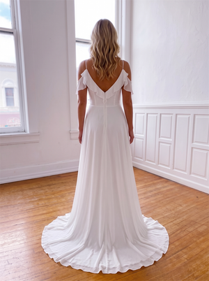 Spaghetti Strap Ruffle Chiffon Wedding Dress Off Shoulder V Neck High Side Slit Low V Back A Line Bridal Gown