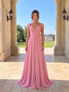 Cap Sleeve Sweetheart Button Front Chiffon Bridesmaid Dress High Slit Twisted Cutout Open Back Dusty Pink Formal Wedding Guest Evening Gown