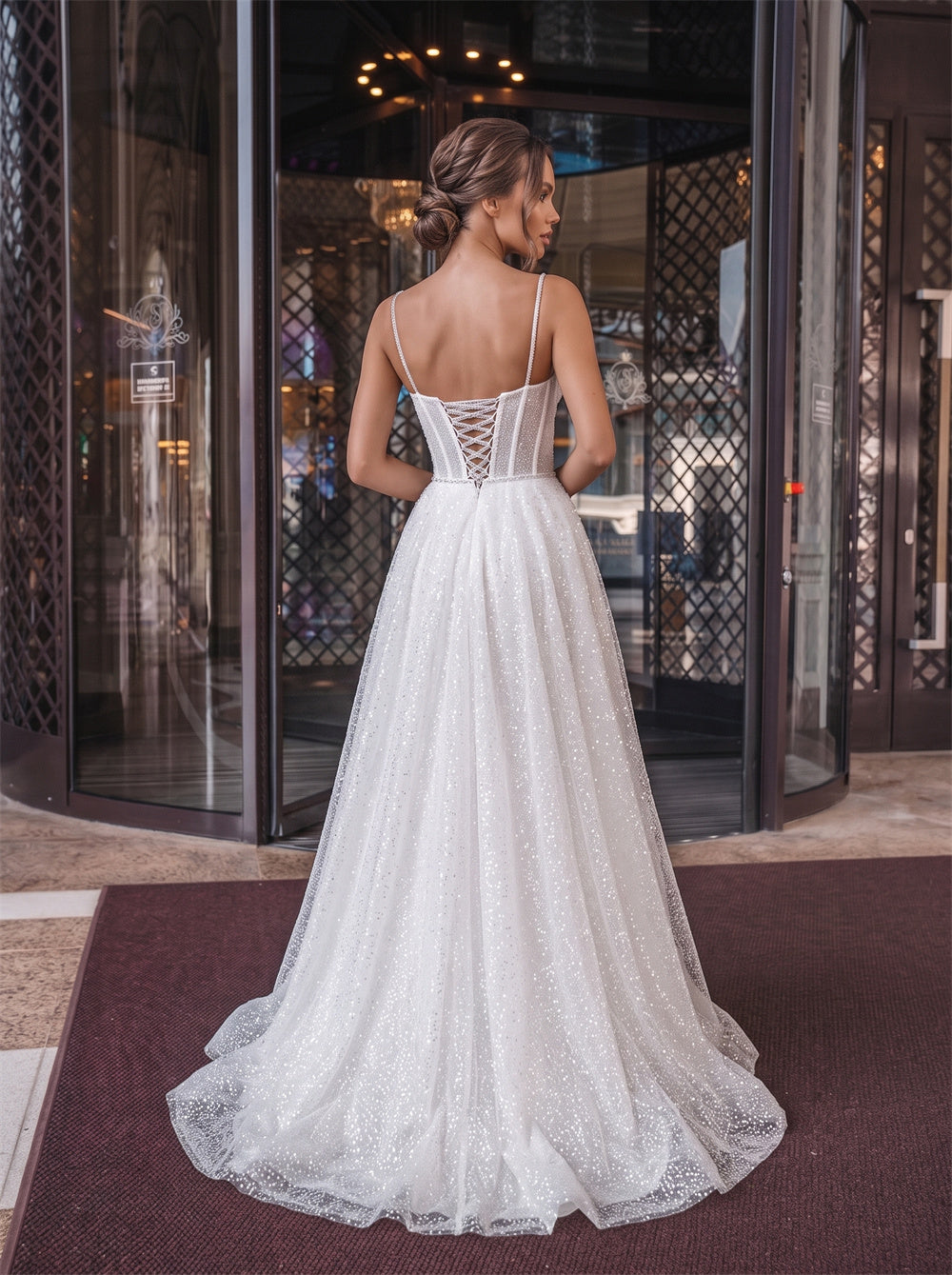 Spaghetti Strap Sweetheart Corset Lace Up Back Glitter Tulle A Line Wedding Dress Bridal Dress