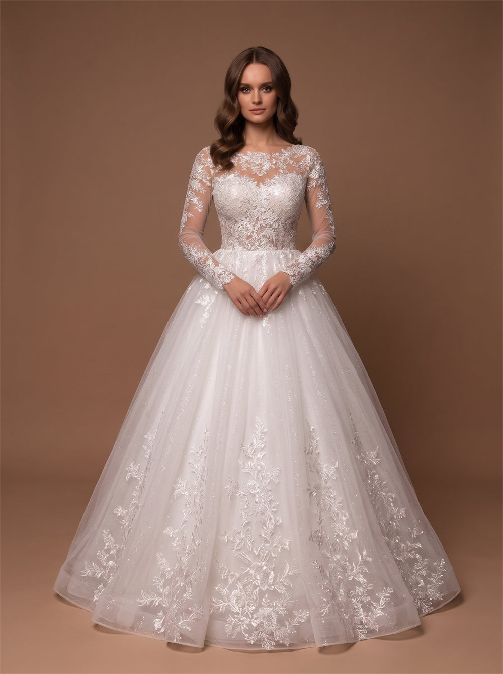Long Sleeve Illusion Boat Neck Glitter Tulle Wedding Dress Floral Lace Corset Back Pearl Button Ball Gown Bridal Dress