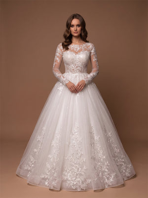 Long Sleeve Illusion Boat Neck Glitter Tulle Wedding Dress Floral Lace Corset Back Pearl Button Ball Gown Bridal Dress