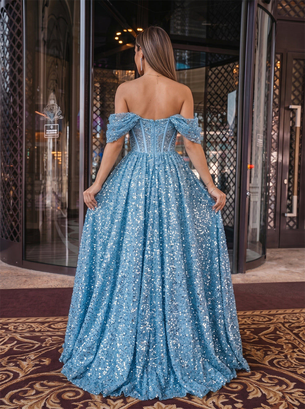 Off-The-Shoulder Sky Blue Full Sequin Boned Back Zip A Line Sparkly Formal Evening Dress