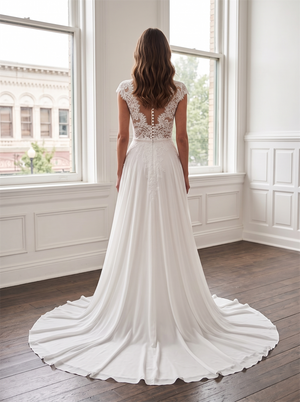 Cap Sleeve Illusion Lace Chiffon Wedding Dress Plunge V Neck Low Back Pearl Buttons High Side Slit Bridal Gown