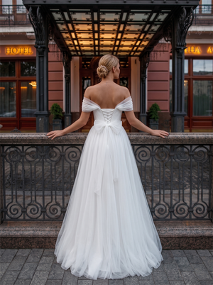 Off The Shoulder Pleated Tulle A Line Wedding Dress Crisscross Corset Back Bridal Gown