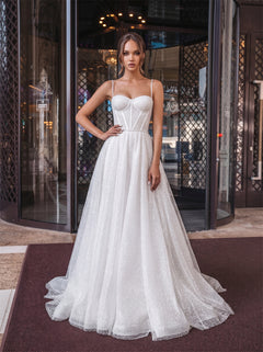 Spaghetti Strap Sweetheart Corset Lace Up Back Glitter Tulle A Line Wedding Dress Bridal Dress