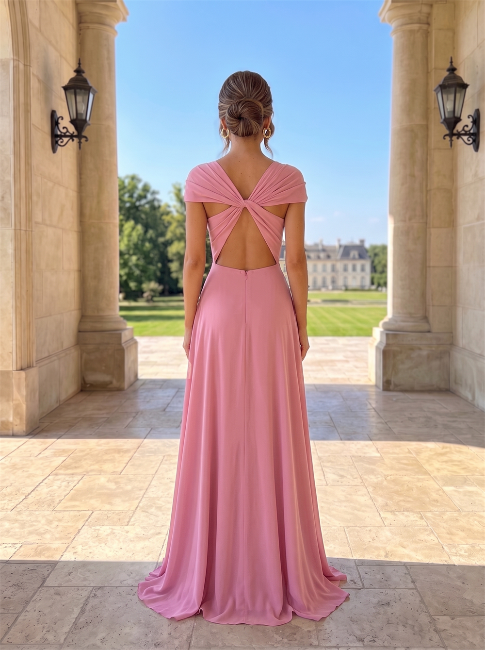 Cap Sleeve Sweetheart Button Front Chiffon Bridesmaid Dress High Slit Twisted Cutout Open Back Dusty Pink Formal Wedding Guest Evening Gown