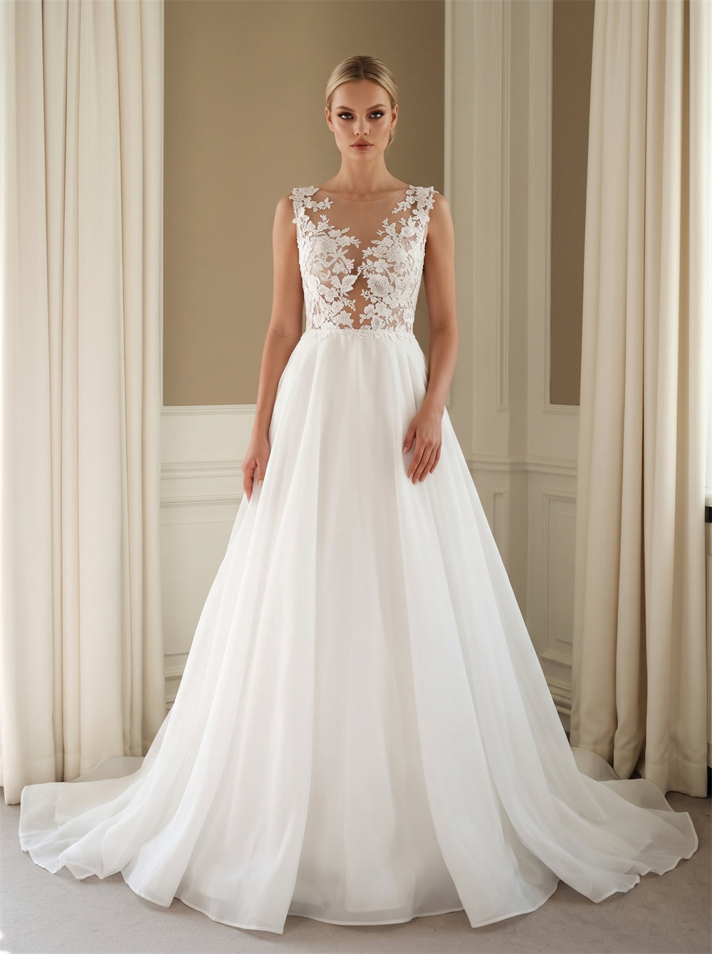 Wedding Dress Airy Organza A Line Wedding Dress With Floral Lace Illusion Bodice & Pearl Button Back