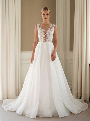 Wedding Dress Airy Organza A Line Wedding Dress With Floral Lace Illusion Bodice & Pearl Button Back