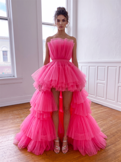 Strapless Hot Pink Tiered Tulle High Low Prom Dress Short Front Long Back Ruffle Layered Evening Party Gown