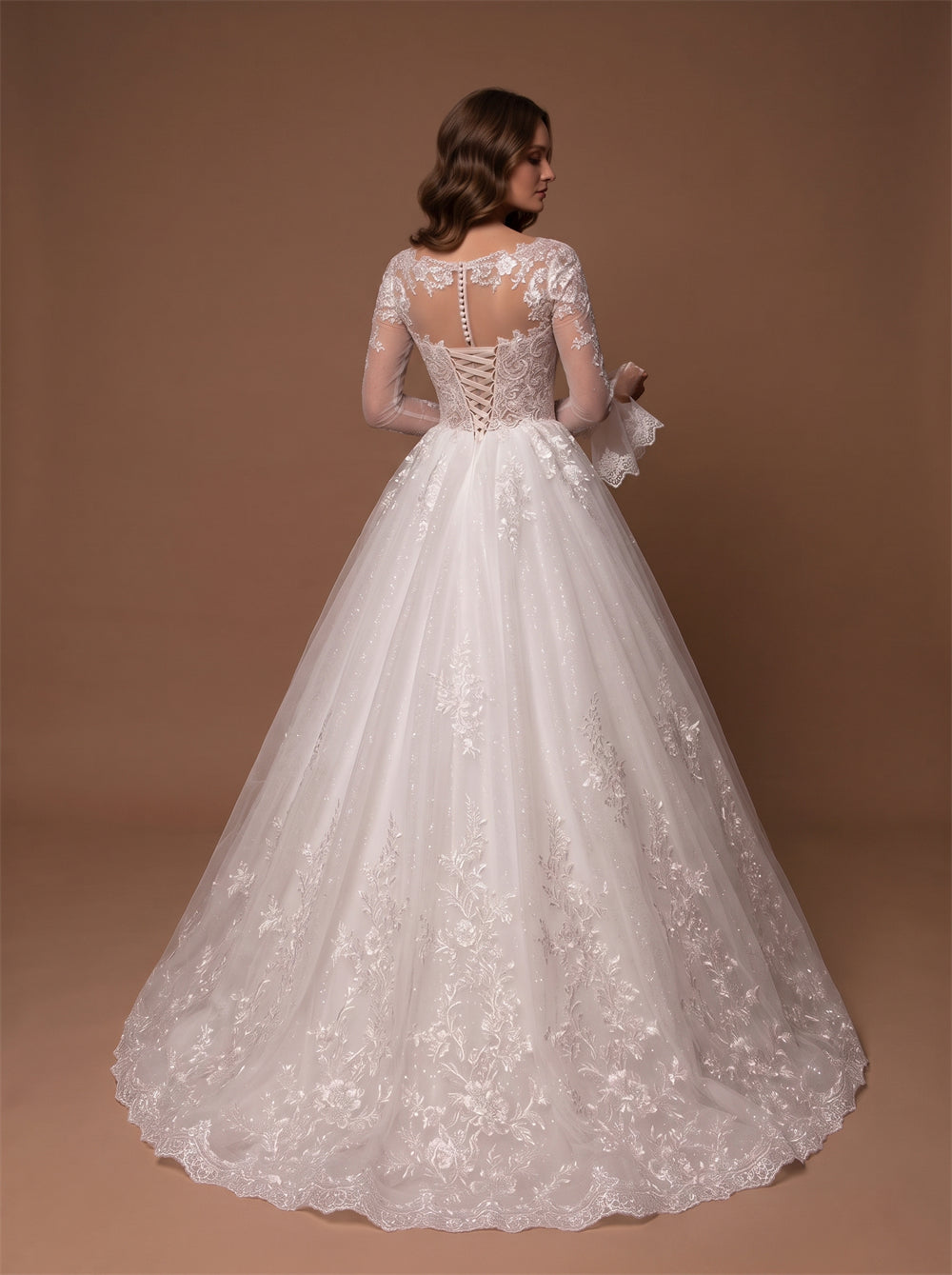 Long Sleeve Illusion Boat Neck Glitter Tulle Wedding Dress Floral Lace Corset Back Pearl Button Ball Gown Bridal Dress