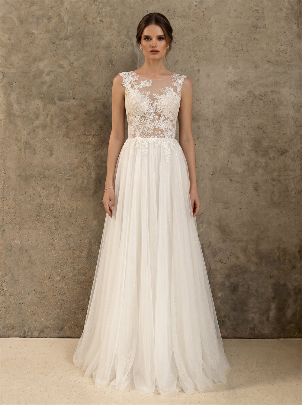 Illusion Scoop Neck Sleeveless Floral Lace Deep V Back Glitter Tulle A Line Wedding Dress Bridal Dress