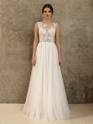 Illusion Scoop Neck Sleeveless Floral Lace Deep V Back Glitter Tulle A Line Wedding Dress Bridal Dress