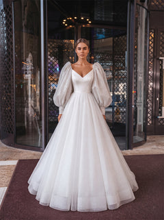 Detachable Glitter Puff Sleeve White Wedding Dress V Neck Bodice Sparkle Tulle A Line Corset Back Formal Bridal Gown