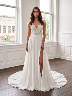 Cap Sleeve Illusion Lace Chiffon Wedding Dress Plunge V Neck Low Back Pearl Buttons High Side Slit Bridal Gown