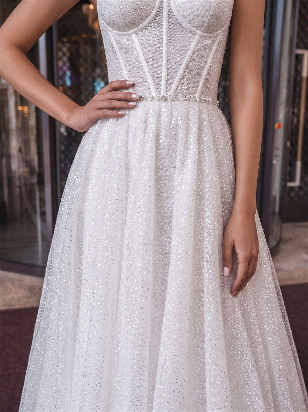Spaghetti Strap Sweetheart Corset Lace Up Back Glitter Tulle A Line Wedding Dress Bridal Dress