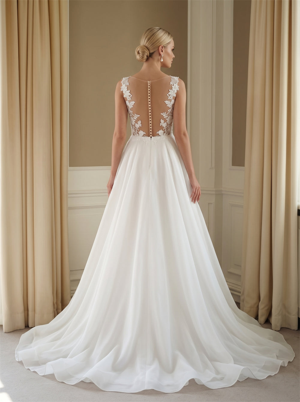 Wedding Dress Airy Organza A Line Wedding Dress With Floral Lace Illusion Bodice & Pearl Button Back