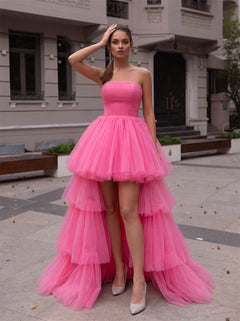 Strapless Pleated Hot Pink Tiered Tulle High Low Prom Homecoming Dress Corset Back Formal Gown