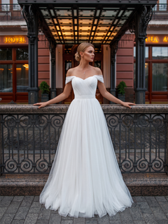 Off The Shoulder Pleated Tulle A Line Wedding Dress Crisscross Corset Back Bridal Gown