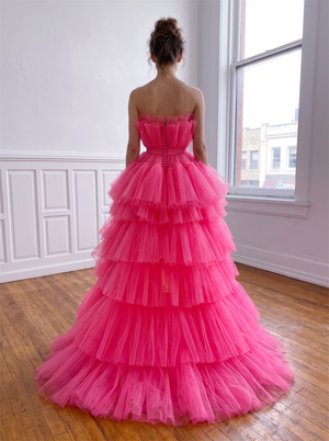 Strapless Hot Pink Tiered Tulle High Low Prom Dress Short Front Long Back Ruffle Layered Evening Party Gown