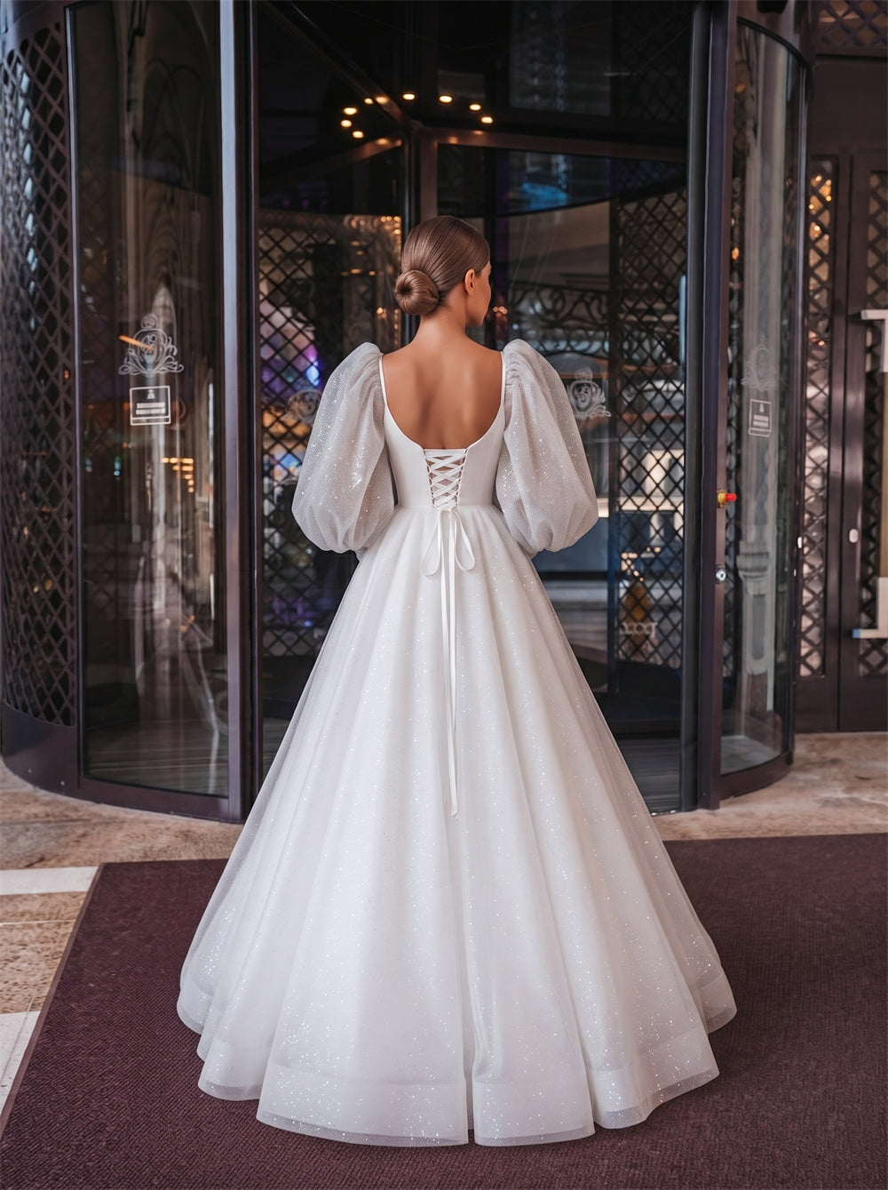 Detachable Glitter Puff Sleeve White Wedding Dress V Neck Bodice Sparkle Tulle A Line Corset Back Formal Bridal Gown