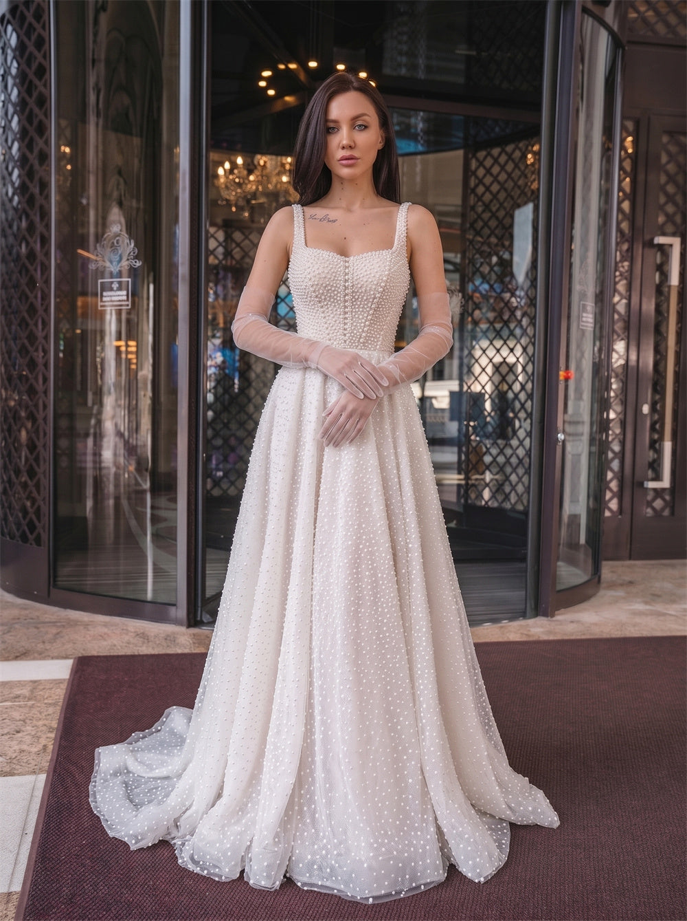 Spaghetti Strap Full Pearl Beaded Deep V Back Zipper Tulle A Line Wedding Dress Bridal Dress