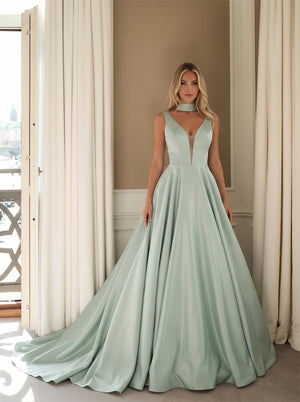 Prom Dress Minimalist Gloss Satin Sage Green Princess A Line Formal Dress With Crisscross Straps Back &amp; Long Train