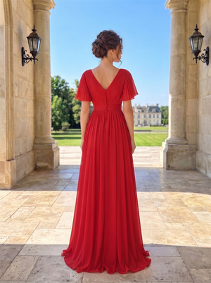 Short Flutter Sleeve Double V Neck Pleated Chiffon Bridesmaid Dress Empire Waist Back Bright Red Formal Wedding Guest Evening Gown