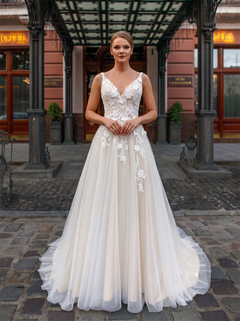 Spaghetti Strap V Neck 3D Floral Lace Tulle A Line Wedding Dress Deep V Low Back Bridal Gown