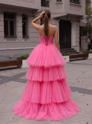 Strapless Pleated Hot Pink Tiered Tulle High Low Prom Homecoming Dress Corset Back Formal Gown