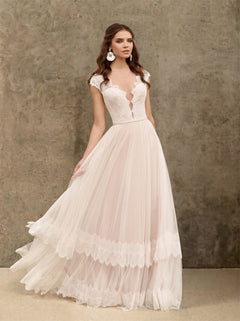V Neck Cap Sleeve Pearl Button Tiered Lace Tulle A Line Wedding Dress Bridal Dress