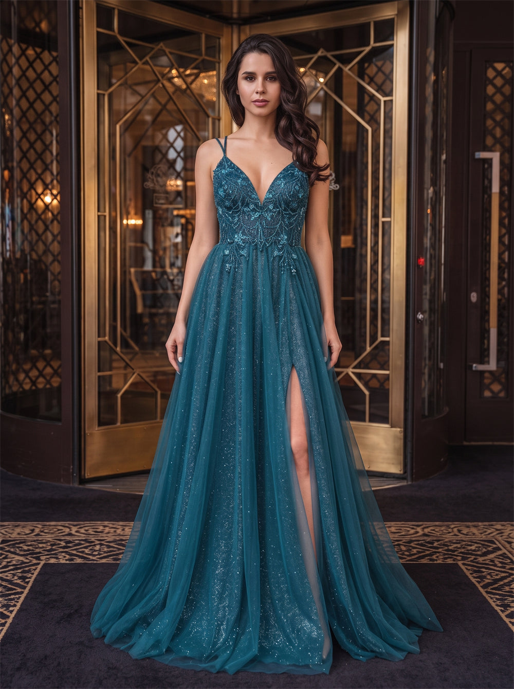 Thin Strap Teal Sparkle Tulle Evening Dress Beaded Bodice Crisscross Lace Up Back High Slit A Line Formal Gown