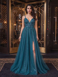 Thin Strap Teal Sparkle Tulle Evening Dress Beaded Bodice Crisscross Lace Up Back High Slit A Line Formal Gown
